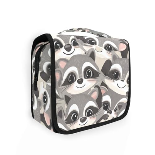 Süße graue Waschbär-Reisetasche mit Haken zum Aufhängen, stilvolle Kosmetiktasche für Damen, mit Fächern und Griff von aidingzhi