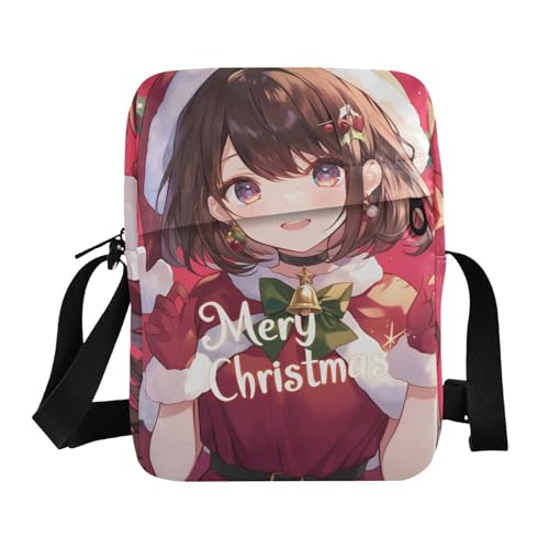 Süße rote Weihnachts-Anime-Mädchen-Umhängetasche, Umhängetasche, Cross-Over-Geldbörse, verstellbarer Riemen für Schule, Arbeit von aidingzhi