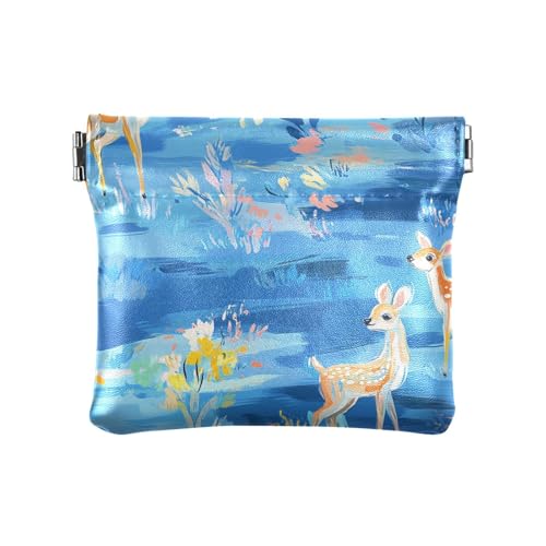 Süßes Reh Blau Blumen Damen Leder Münzgeldbörse Wasserdicht Mini Kosmetiktasche für Frauen Mädchen von aidingzhi