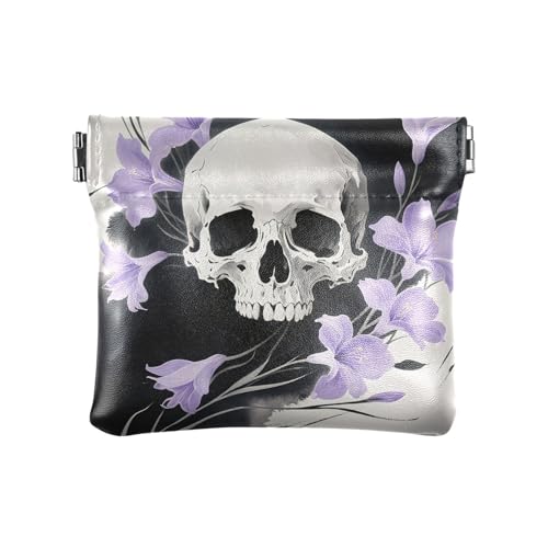 Totenköpfe Lila Blumen Tinte Waschung Malerei Damen Kleine Leder Münzbörse Geldbörse Geldbörse Tragbare Mini Kosmetiktasche für Männer Frauen Reisen von aidingzhi