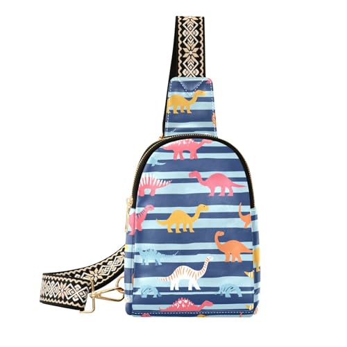 Trendige, bunte Dinosaurier-Tasche für Herren, blau, gestreift, Anti-Diebstahl-Crossover-Tasche für Damen zum Wandern, Bunte Dinosaurier-Blau gestreift von aidingzhi