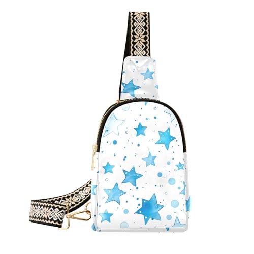 Trendige Blue Stars and Bubbles große Gürteltasche aus Leder für Damen, Tagesrucksack, Blaue Sterne und Blasen von aidingzhi