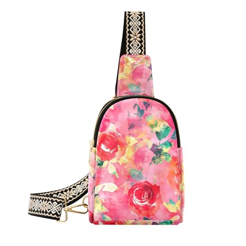 Trendige Cartoon-Rose Hot Pfirsich Aquarell-Gürteltasche für Damen, Mehrzweck-Umhängetasche für Reisen, Cartoon-Rose, Hot Pfirsich-Aquarell von aidingzhi