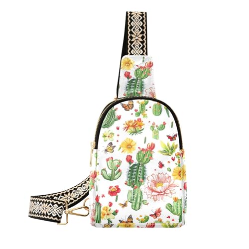 Trendige Gürteltasche für Damen, Motiv: Kaktusblüten und Weiße, bunte Damen-Gürteltasche aus Leder für Damen, Umhängetasche zum Wandern, Kaktusblume und weiße bunte Kaktusblumen von aidingzhi