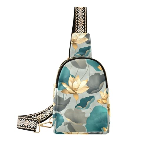 Trendige Gürteltasche mit grünen und goldenen Blumen und Blättern und Blumen, Mehrzweck-Umhängetasche für Damen zum Wandern, Grüne goldene Blütenblätter von aidingzhi