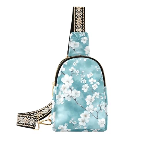 Trendige Nature Umhängetasche aus Leder, Kirschblüten, Blaugrün, Blumenmuster, modische Bauchtasche für Damen zum Wandern, Nature Cherry Blossom Teal Floral von aidingzhi