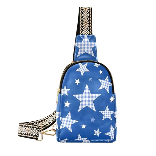 Trendige Schultertasche mit Karomuster, kariert, Sterne, modische Bauchtasche, Brusttasche für Reisen, Karierte Sterne in Cartoon-Blau Trendige Schultertasche mit Karomuster, kariert, Sterne, modische Bauchtasche, Brusttasche für Reisen, Karierte Sterne in Cartoon-Blau von aidingzhi