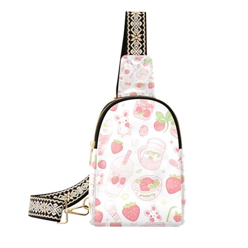 Trendige Umhängetasche aus Leder, Motiv: rote Erdbeere, Dessert, niedliche Schultertasche für Damen für Reisen, Niedliches rotes Erdbeer-Dessert im Cartoon-Design von aidingzhi