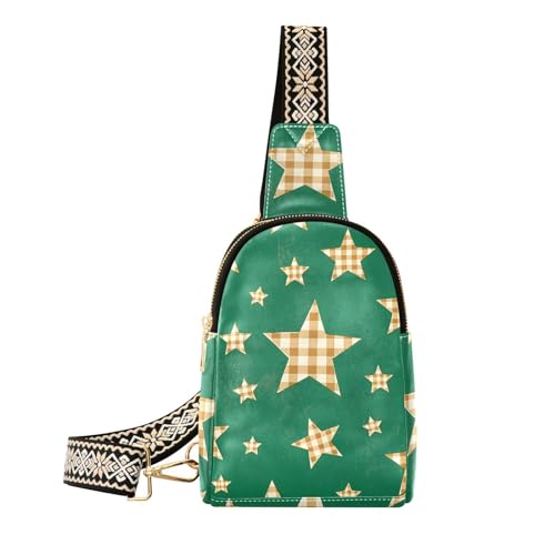 Trendige Umhängetasche aus Leder, kariert, kariert, Sterne, Grün, kleine Schultertasche für den Tagesrucksack, Kariertes Karomuster mit Sternen, Grün Trendige Umhängetasche aus Leder, kariert, kariert, Sterne, Grün, kleine Schultertasche für den Tagesrucksack, Kariertes Karomuster mit Sternen, Grün von aidingzhi