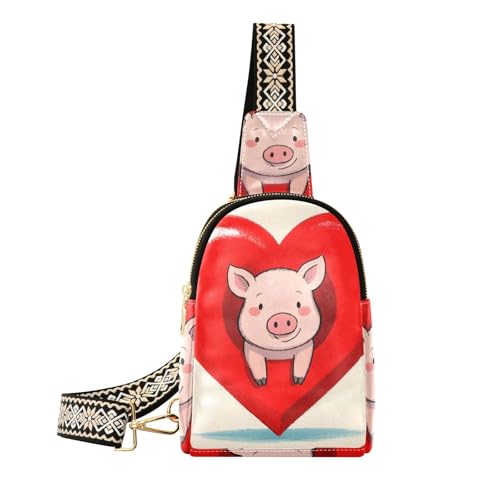 Trendige Umhängetasche mit lustigem Cartoon-Herz und Schweinchen, niedliche Bauchtasche für Herren zum Wandern von aidingzhi
