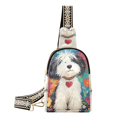 Trendige Umhängetasche mit niedlichem Hund, buntes Blumenmuster, Leder, Gürteltasche für Reisen von aidingzhi