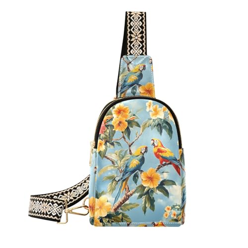 Trendige Umhängetasche mit tropischen Pflanzen, Papageien, Tiere, Diebstahlschutz, Schultertasche für Damen zum Wandern, Tropische Pflanzen, Papageien, Tiere von aidingzhi