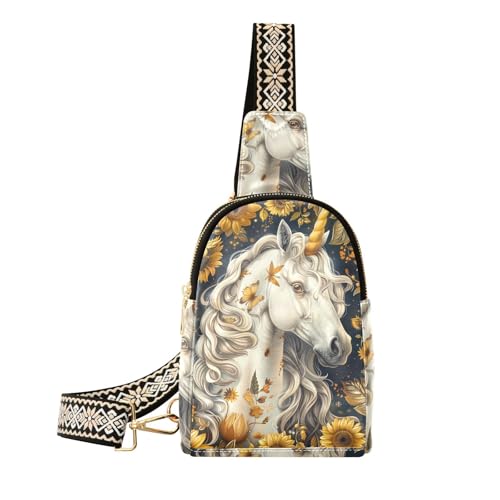 Trendige Vintage-Umhängetasche mit Einhörnern und Sonnenblumen, Leder, Crossbody-Tasche für Damen von aidingzhi