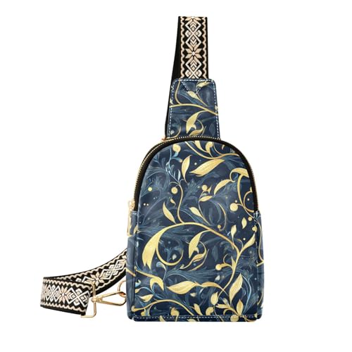 Trendige blaue und goldene Vintage-Blumen-Umhängetasche, Mehrzweck-Bauchtasche für Damen zum Wandern, Blaue und goldene Vintage-Blumen von aidingzhi