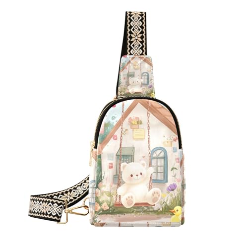 Trendige kleine Umhängetasche aus Leder mit süßem Teddybär-Design, für Damen zum Wandern, Niedlicher weißer Teddybär von aidingzhi