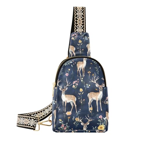 Trendige kleine Umhängetasche mit Hirschmotiv, marineblau, niedliche Crossover-Tasche für Damen zum Wandern, Ästhetisches Hirsch, Marineblau von aidingzhi