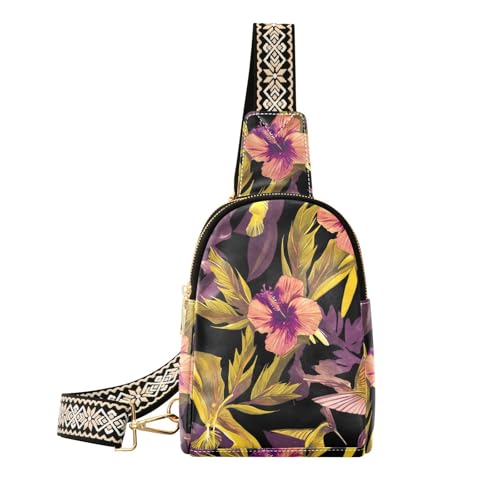 Trendige schwarze Gürteltasche mit gehämmertem Vogel und Blume, Mehrzweck-Umhängetasche für Damen, Leder, zum Wandern von aidingzhi