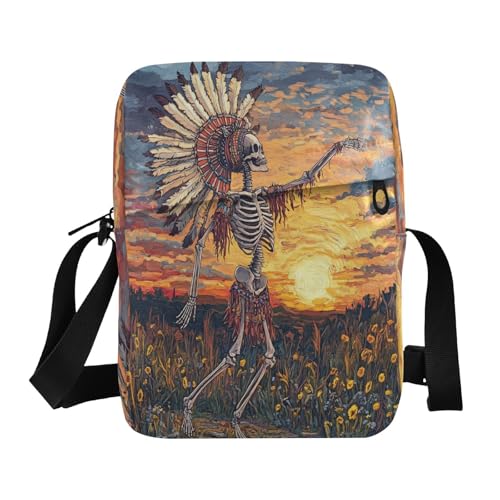 Tribal Dancing Human Skeleton Oilpainting Messenger Bag Herren Umhängetasche Damen Geldbörsen Verstellbarer Riemen für Business School von aidingzhi