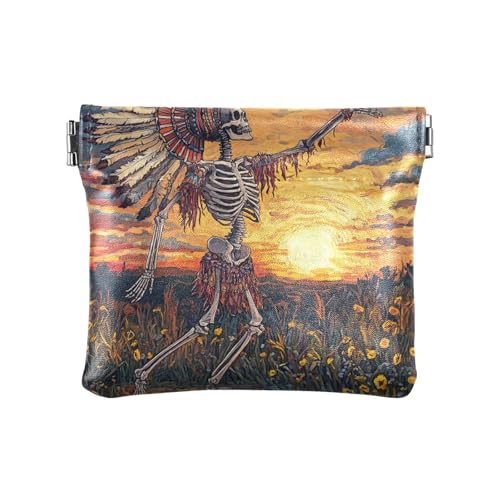 Tribal Tanzendes menschliches Skelett Ölgemälde Damen Leder Münzgeldbörsen Taschen Praktische Kleingeldbörse mit Verschluss für Frauen Mädchen von aidingzhi