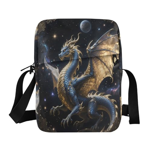 Umhängetasche mit Drachen-Motiv, für Herren, kleine Damen-Umhängetasche, verstellbarer Riemen, Blau und goldfarben von aidingzhi