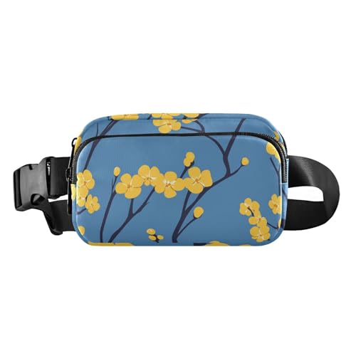 Umhängetasche mit blauem Hintergrund, Motiv: gelbe Kirschblüten und blauer Hintergrund, Hüfttasche für Damen, Herren, Teenager, Mini-Gürteltasche mit verstellbarem Riemen für Radfahren, Wandern von aidingzhi