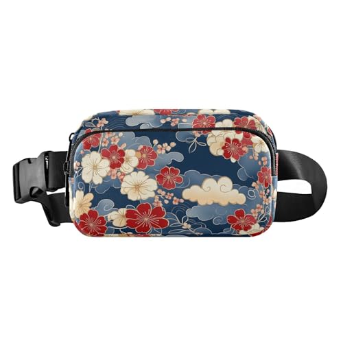 Umhängetasche mit japanischem Vintage-Blumenmuster, für Damen, Herren, Teenager, Mehrzweck-Brusttasche mit verstellbarem Gurt, Blau und Gold von aidingzhi
