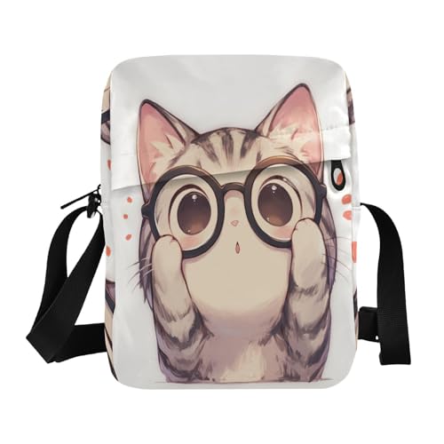 Umhängetasche mit niedlicher Katze mit Brille, für Damen, kleine Crossbody-Tasche für Damen, Umhängetasche, Geldbörse, verstellbarer Riemen für Outdoor-Sport, Schule von aidingzhi