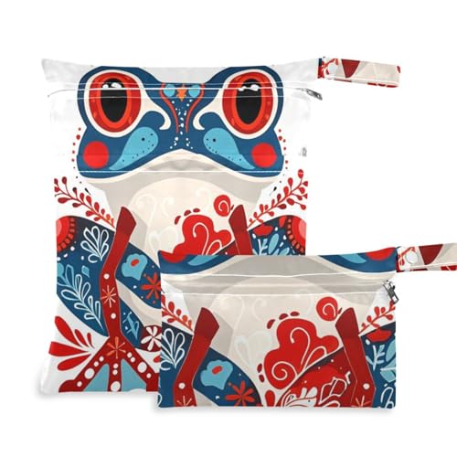 Unordentliche Nass-Trockenbeutel, 2 Stück, Wickeltasche, unverzichtbare Gegenstände mit Griffen zum Baden, Fitnessstudio (Boho-Rot, Blauer Frosch) von aidingzhi