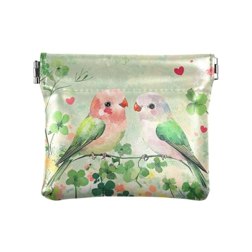 Valentinstag Kleeblatt Blumen Liebe Vogel Damen Leder Münzgeldbörsen Beutel Einzigartige Kleingeld Geldbörse mit Verschluss für Mädchen Damen Handtasche von aidingzhi