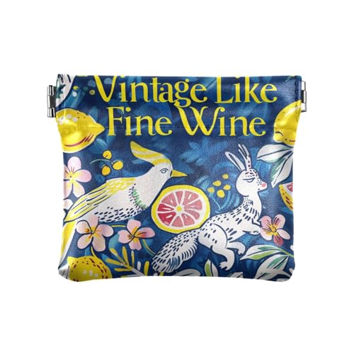 Vintage Like Fine Wine Henri-Stil Tier Obst Bunte Damen Leder Münzgeldbörse Geldbörse Wasserdicht Kleingeldhalter Kartenorganizer für Männer Frauen Reisen von aidingzhi