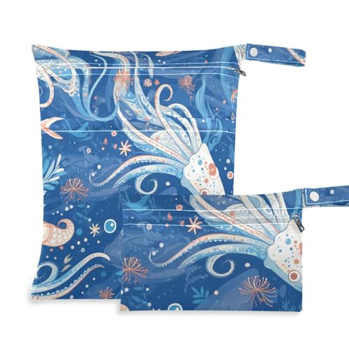 Waschbare Badeanzugtasche, 2er-Pack, Wickeltasche, unverzichtbare Gegenstände mit Griffen für Strand, Fitnessstudio (Childish Cuttlefish Dark Blue) von aidingzhi