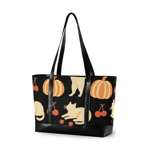 Wasserdichte Bürotasche für Damen, Motiv: Herbstkürbis und freche Katze, schwarz, mit Reißverschluss, Tragetaschen für die Arbeit für den Flug mit Windel von aidingzhi
