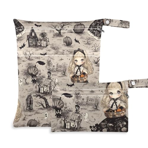 Wasserdichte Taschen für den Strand, 2 Stück, Reiseutensilien zum Fliegen, mit Griffen zum Baden, Baby-Windeln (Gothic Black Halloween Doll Pumpkin Unique) von aidingzhi