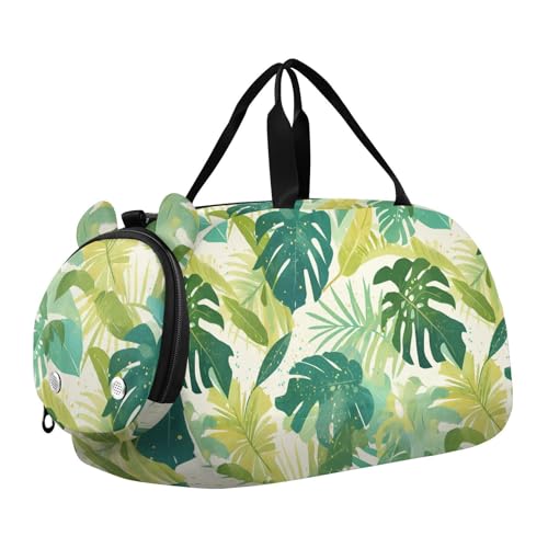 Wasserfarben Monstera Deliciosa Blättermuster, Farbe zu Seegrün und Perlweiß-grünen Blättern und Kinder-Turnbeutel mit Schuhfach, großes Fassungsvermögen, Aquarell Monstera deliciosa Blättermuster von aidingzhi