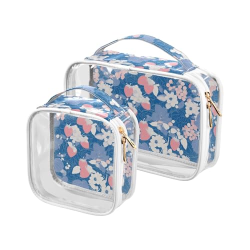 aidingzhi 2 transparente Herren-Kulturbeutel, TSA-zugelassen, tragbare Make-up-Tasche, klein, Flughafen-konform, blaue und rote Erdbeerblumen, Blaue und rote Erdbeerblumen von aidingzhi