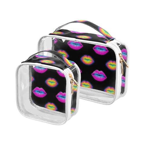 aidingzhi 2 transparente Kulturbeutel für Herren, TSA-zugelassen, wasserdicht, Make-up-Tasche, Rasierutensilien, bunt, fluoreszierende Neon-Lippen, Bunte fluoreszierende Neon-Lippen von aidingzhi
