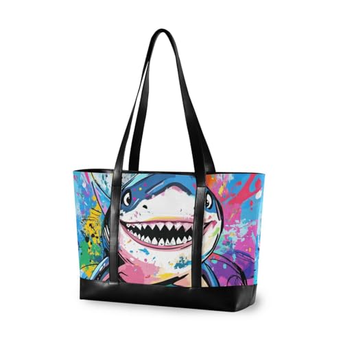 aidingzhi Beauty Shark bunte Aquarell-moderne Arbeitshandtaschen für Damen mit Reißverschluss, Canvas-Tragetasche für Pendler von aidingzhi