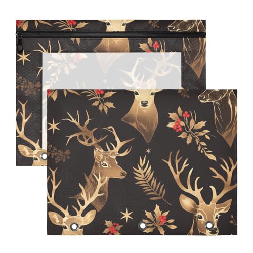 aidingzhi Binder-Federmäppchen, stabile 3-Loch-Tasche für A4-Papier, Briefe, 2 Stück, Studenten, College-Zubehör, Weihnachten, Hirsch, Schwarz / goldfarben von aidingzhi