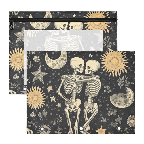 aidingzhi Binder-Federmäppchen mit Reißverschluss, für A4-Papier, Briefe, 2 Stück, Studenten, Kunstbedarf, Aufbewahrung, Boho-Totenköpfe von aidingzhi