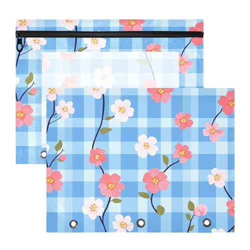 aidingzhi Bindertaschen, bezaubernde 3-Loch-Tasche für A4-Papier, Briefe, 2 Stück, Lehrer, Büro, Hellblau, kariert, Rosa, kleine Blume von aidingzhi