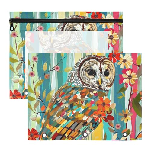 aidingzhi Bindertaschen mit 3 verstärkten Ösen, Stifthalter für 3 Ringe, 2 Stück, Lehrer, Schulbedarf, Barred Owl Buntglas von aidingzhi