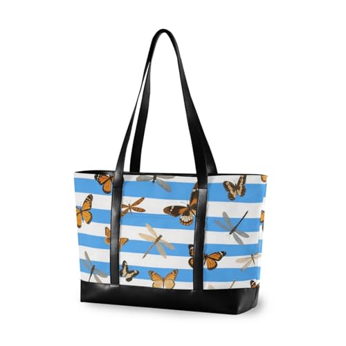 aidingzhi Blau-weiß gestreifte Schmetterlings-/Libelle, einfache Damen-Tragetasche mit Reißverschluss, große Tragetasche für den Flug mit Tablet von aidingzhi