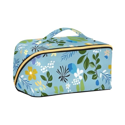 aidingzhi Blaue Blätter, einfache Kosmetiktasche mit Trennwänden, tragbare Make-up-Tasche für Damen, mit Fächern und Griff von aidingzhi