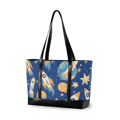aidingzhi Blaue Cartoom Rockets einfache Damen-Tragetasche mit Reißverschluss, Reisetasche für Mama mit Tablet von aidingzhi