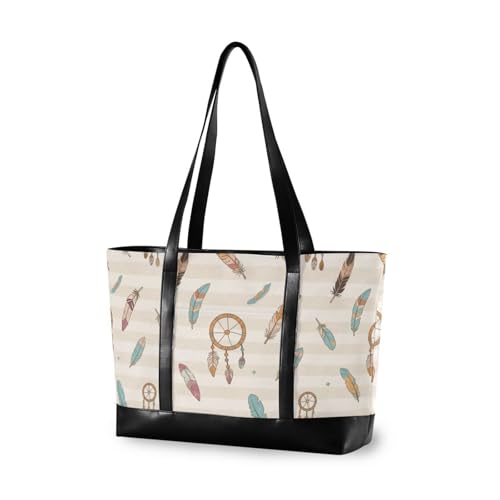 aidingzhi Braun-weiß gestreifte Boho-Traumfänger-Feder-Tragetasche mit Fächern und Reißverschluss, Tragetaschen für Frauen, Arbeit mit Mittagessen von aidingzhi