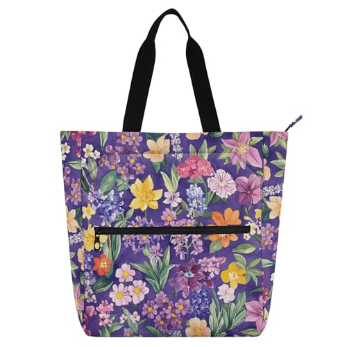 aidingzhi Büchertasche, Büchertasche für Kinder, Damen, Herren, violette Blumen, lebendig, wasserdicht, für Kinder, Aktivitätstasche, Kunst-Tragetasche mit Reißverschluss, für Schule, Einkaufen von aidingzhi