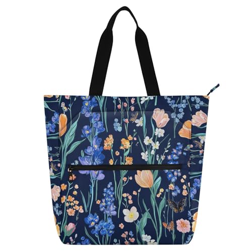 aidingzhi Büchertasche, Kunst-Tragetasche für Jungen, Mädchen, Damen, dunkelblau, Blumenblüten, wasserabweisend, Einkaufstasche mit Reißverschluss, für Schule, Einkaufen, Reisen, Regenbogen von aidingzhi