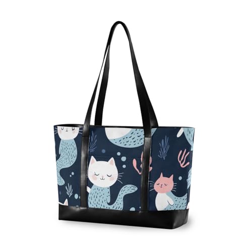 aidingzhi Cartoon-Tragetasche mit niedlicher Meerjungfrau und Katze, einfache Tragetasche für Damen, mit Reißverschluss von aidingzhi