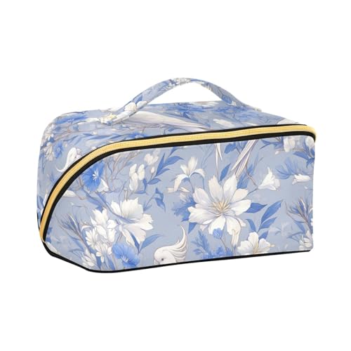 aidingzhi Elegante weiße Kosmetiktasche mit Trennwänden, Reisetaschen für Damen, vertikal, freistehend, mit Papageienblüte, Blau von aidingzhi