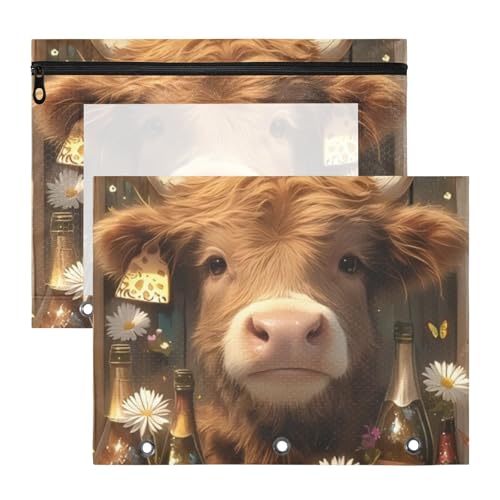 aidingzhi Federmäppchen, Mehrzweck-Aufbewahrungstasche für A4-Papier, Briefe, 2 Stück, Studenten, Zuhause, niedliches Cartoon-Schottland-Kuh von aidingzhi